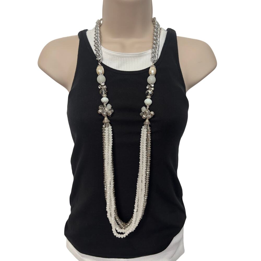 Women's Multi-Strand Statement Chunky White Beaded Silver Tone Chain Necklace